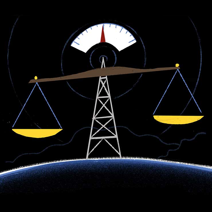 Illustration of a scale balanced on a radio antenna.
