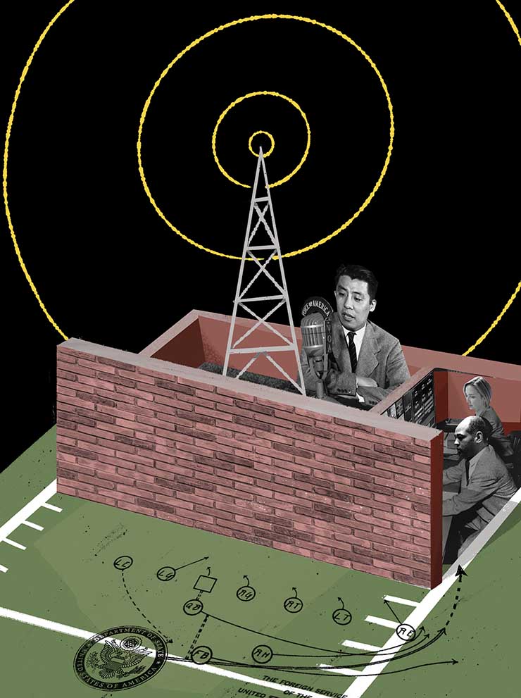 A collaged illustration of an antenna broadcasting behind a brick wall, with a football end-run diagram trying to circumvent the wall.