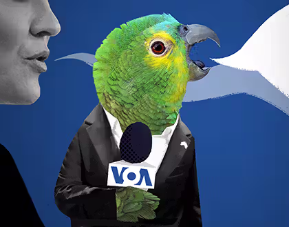 Collaged illustration of a parrot holding a microphone, with a woman whispering propaganda into the parrot's ear.