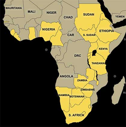 A map of where VOA broadcasts in Africa.