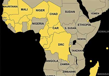 A map of where VOA broadcasts in Africa.