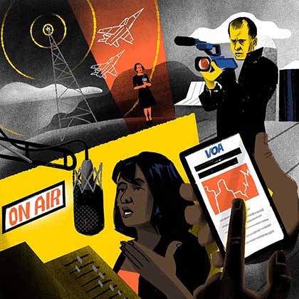 Illustration of VOA journalists working.