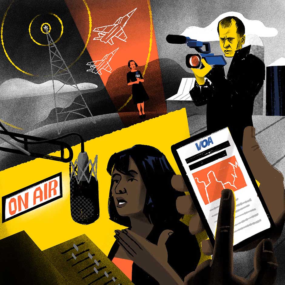 An illustration showing VOA journalists reporting and broadcasting around the world.