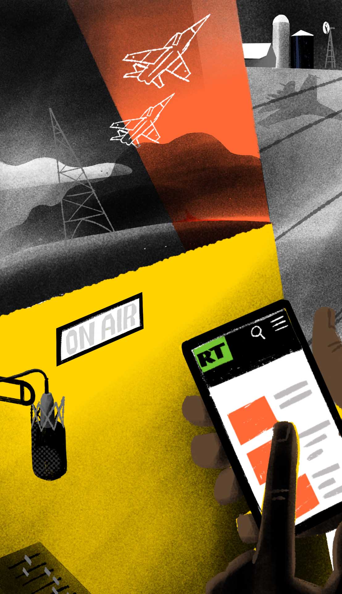 An illustration showing VOA journalists reporting and broadcasting around the world. As the user scrolls down the page, the image changes, the studio is empty, the antenna stops broadcasting and the VOA page on the mobile device is replaced by a Russian broadcaster that continues to expand its global reach.