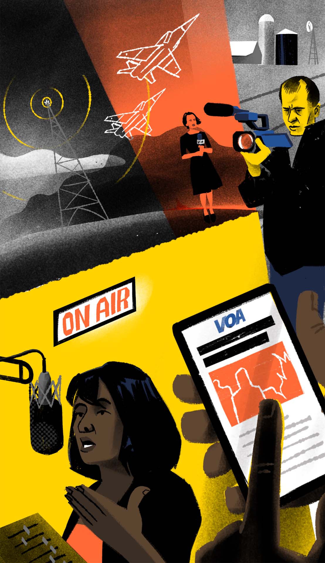 An illustration showing VOA journalists reporting and broadcasting around the world. As the user scrolls down the page, the image changes, the studio is empty, the antenna stops broadcasting and the VOA page on the mobile device is replaced by a Russian broadcaster that continues to expand its global reach.