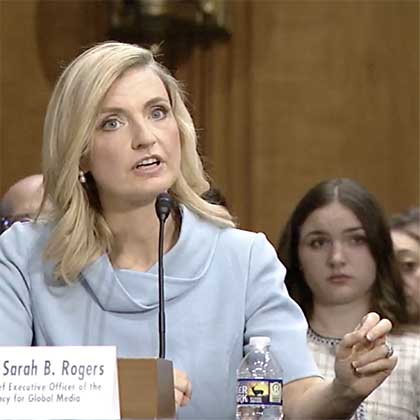 Screenshot of Sarah Rogers at Senate Foreign Relations hearing.