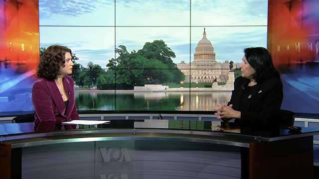 A VOA reporter interviews former Georgian President Salome Zourabichvili, .