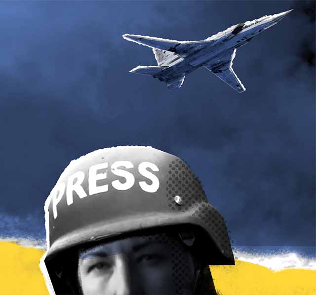 Collaged spot illustration of a reporter wearing a combat press helmet as a jet flies overhead.
