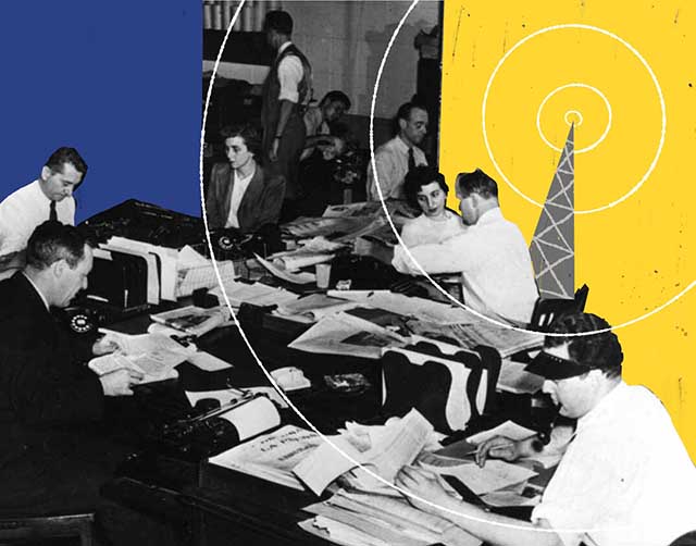 Collaged illustration featuring an archive photo of a VOA newsroom and a drawing of a radio tower broadcasting.