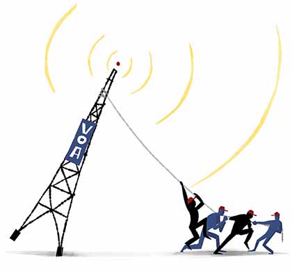An illustration of four figures pulling on a rope to topple a large VOA antenna as it broadcasts around the world.