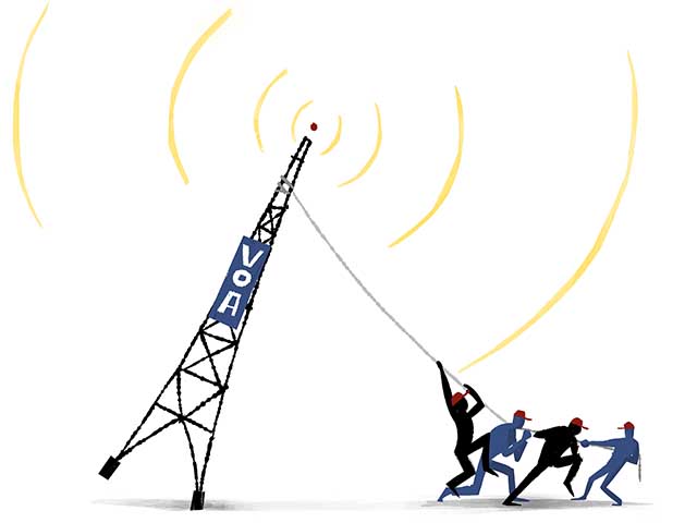An illustration of four figures pulling on a rope to topple a large VOA antenna as it broadcasts around the world.